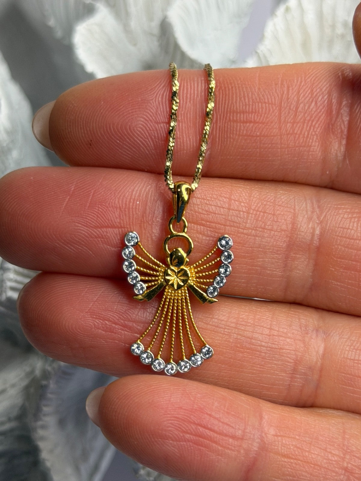 925 Sterling Silver Gold Plated Angel Cz Necklace