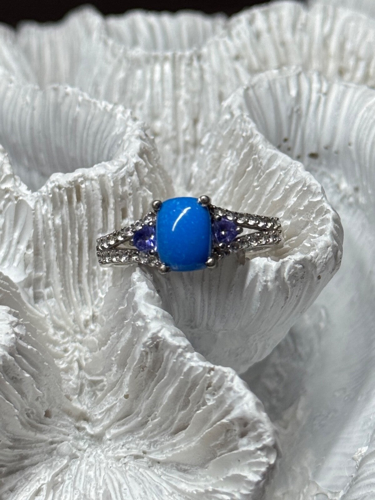 925 Sterling Silver Blue Agate, Tanzanite & Beryl Ring Size 7.5