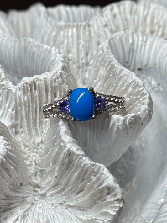 925 Sterling Silver Blue Agate, Tanzanite & Beryl Ring Size 7.5