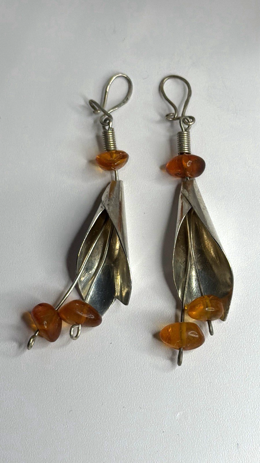 Vintage Unique Design Dangle 925 Sterling Silver Amber Earrings
