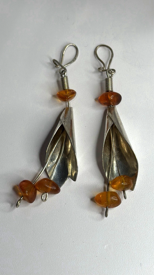 Vintage Unique Design Dangle 925 Sterling Silver Amber Earrings