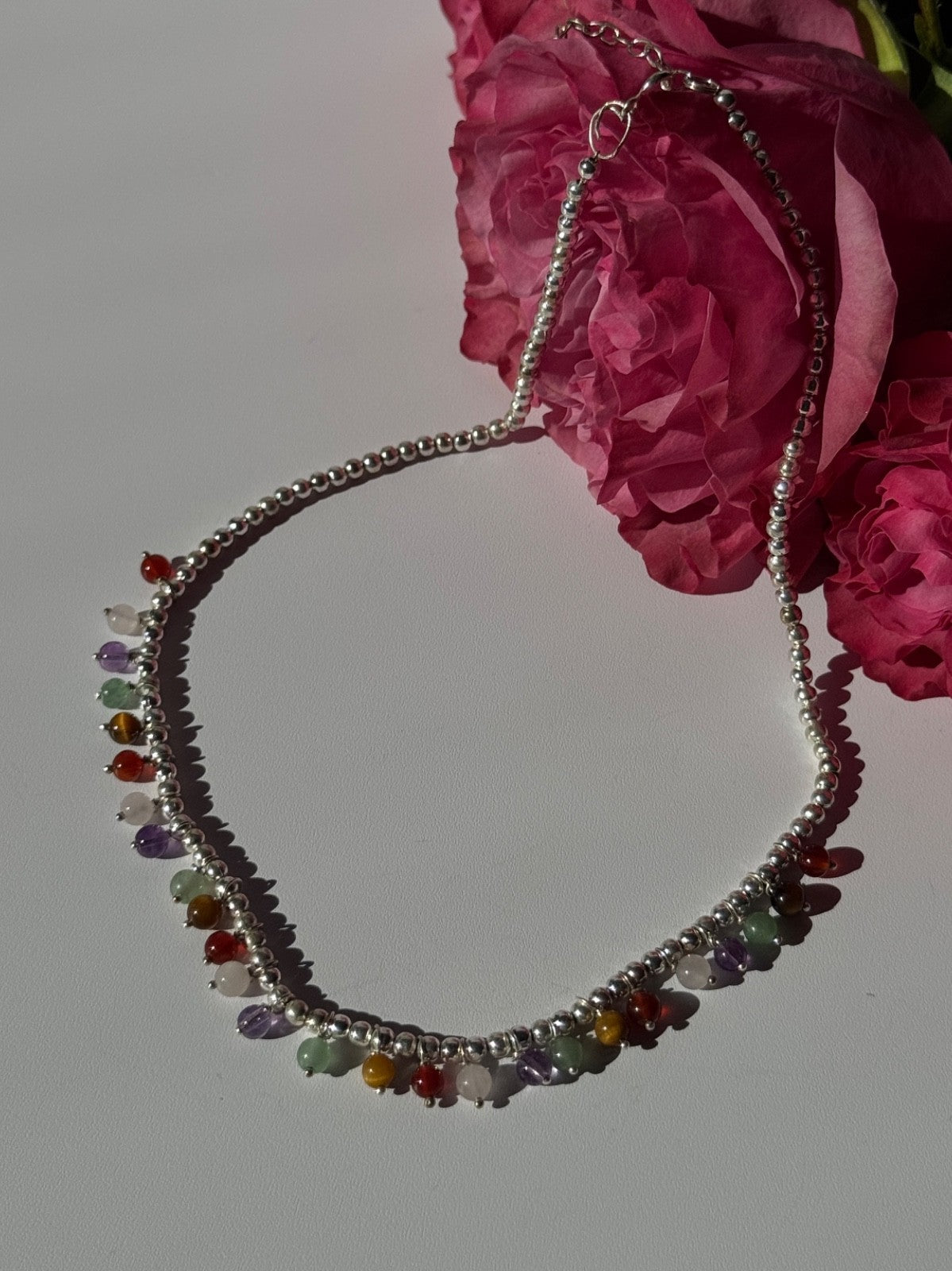 925 Sterling Silver Multi Color Agate Necklace Length 15/18 Inch