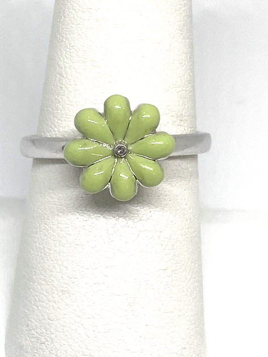 925 Sterling Silver Colorless Sapphire and Green Enamel "Flower" Ring Size 8