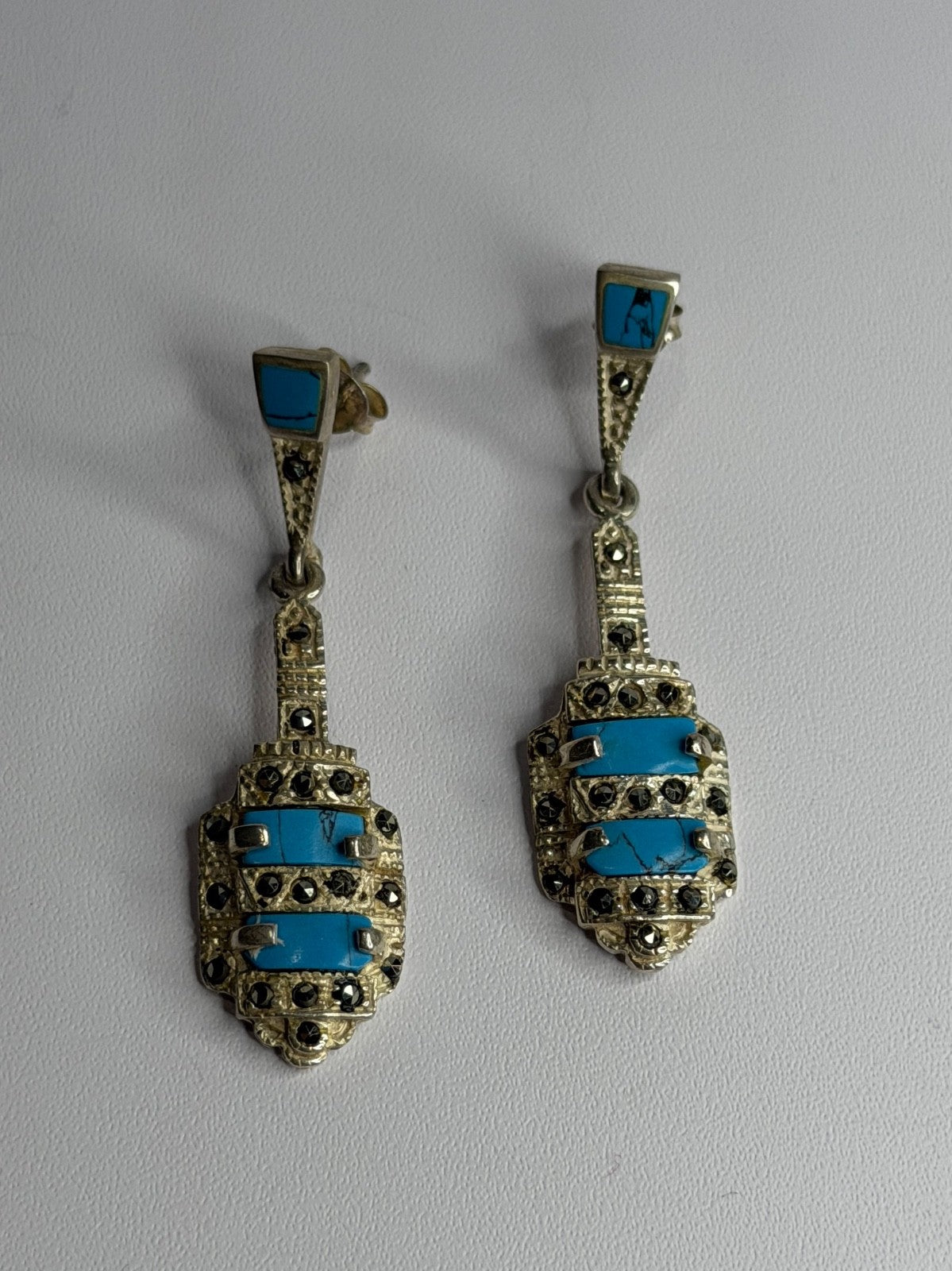 Vintage 925 Sterling Silver Turquoise & Marcasite Earrings