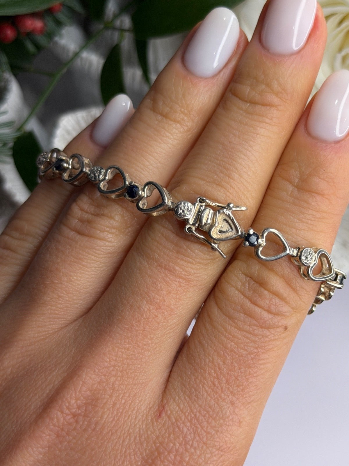 925 Sterling Silver Sapphire Heart Bracelet Size 7.5