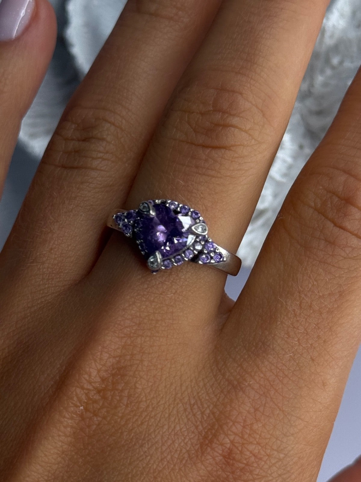 925 Sterling Silver Amethyst & Diamond Heart Ring Size 8.5