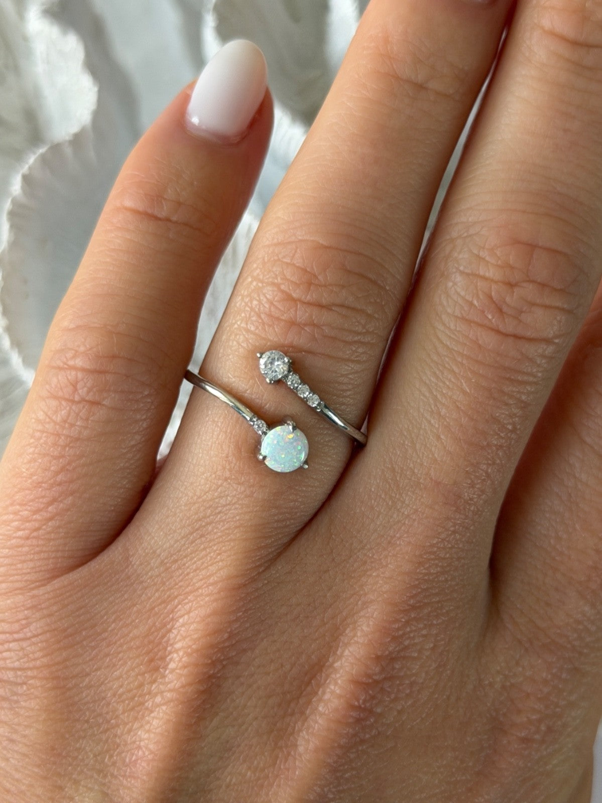 Adjustable 925 Sterling Silver Opal & Beryl Ring