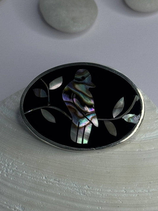 Vintage 925 Sterling Silver Abalone Bird Brooch Length 1.10 Inch