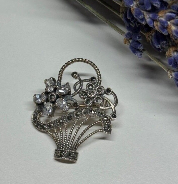 925 Sterling Silver CZ & Marcasites Flowers Brooch