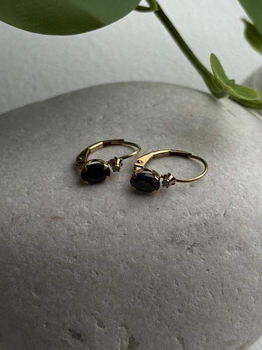 10K Yellow Gold Dark Blue Sapphire & Diamond Lever back Earrings