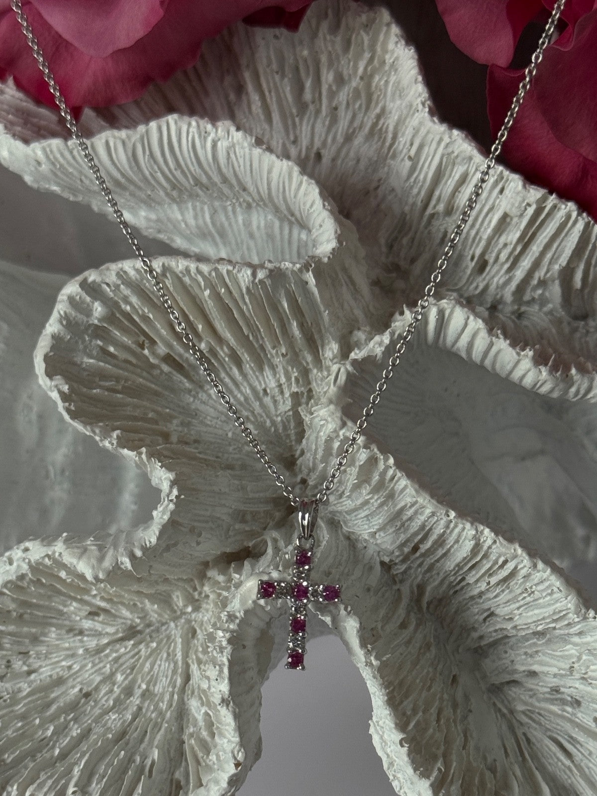 14K White Gold Cross/18K White Gold Chain Pink Sapphire & Diamond Cross Necklace