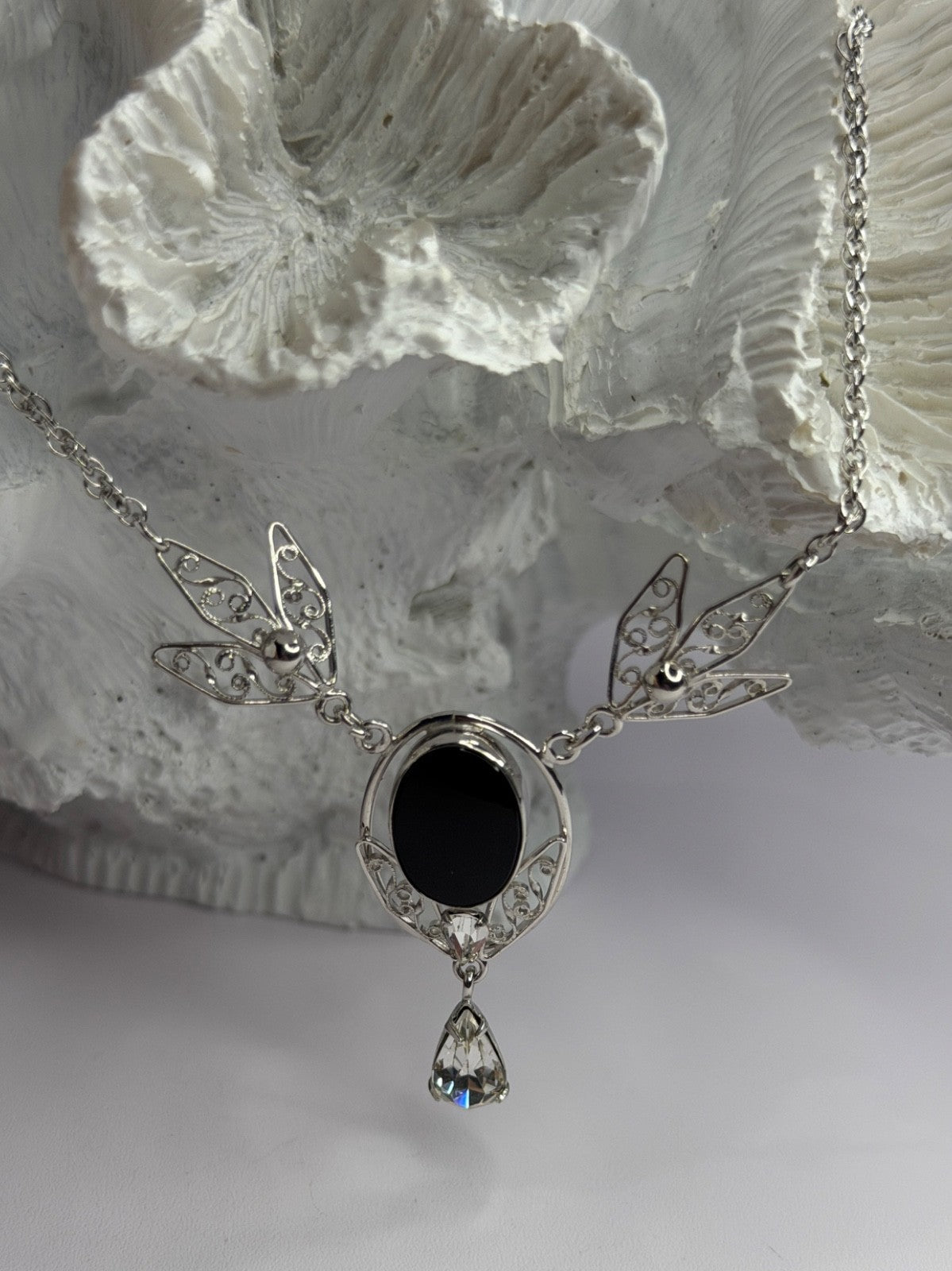 Elegant 925 Sterling Silver Onyx & White Sapphire Necklace