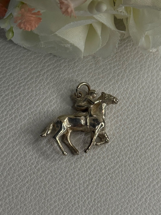 Horse & Jockey Lucky Racing Race Charm Pendant 925 Sterling Silver Length 1 Inch