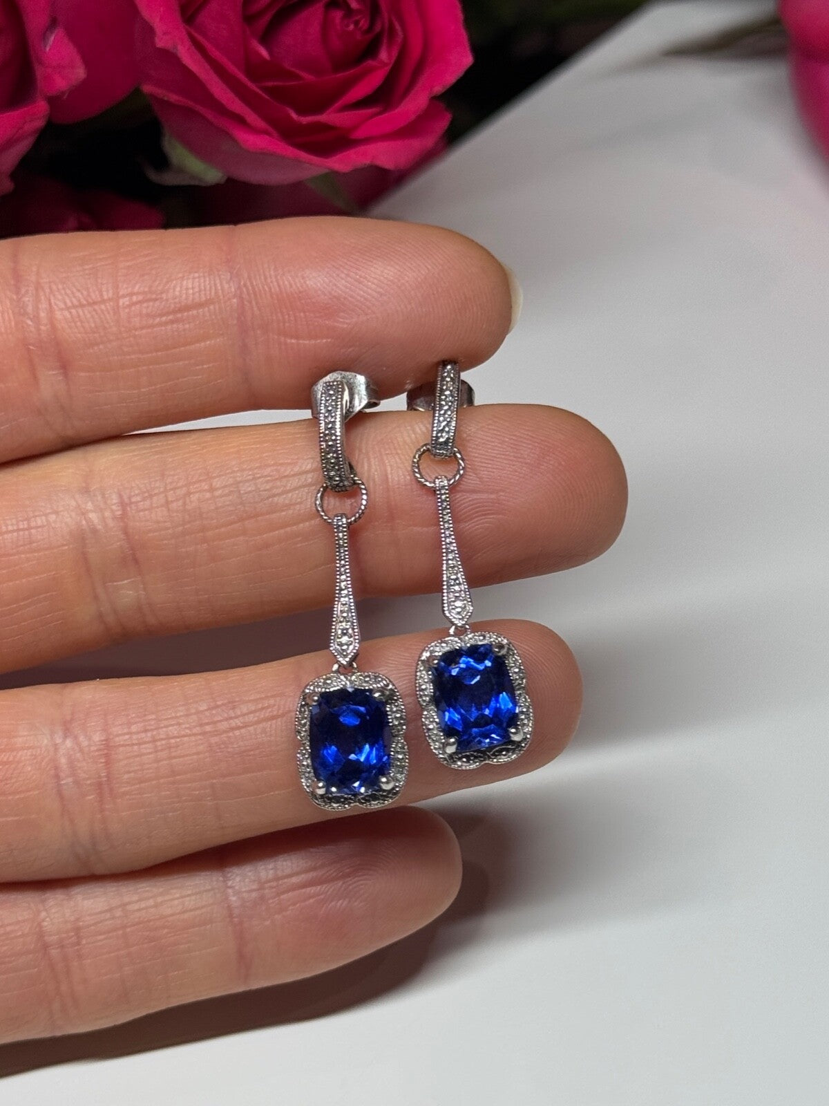 925 Sterling Silver Sapphire Earrings Length 1.5 Inch