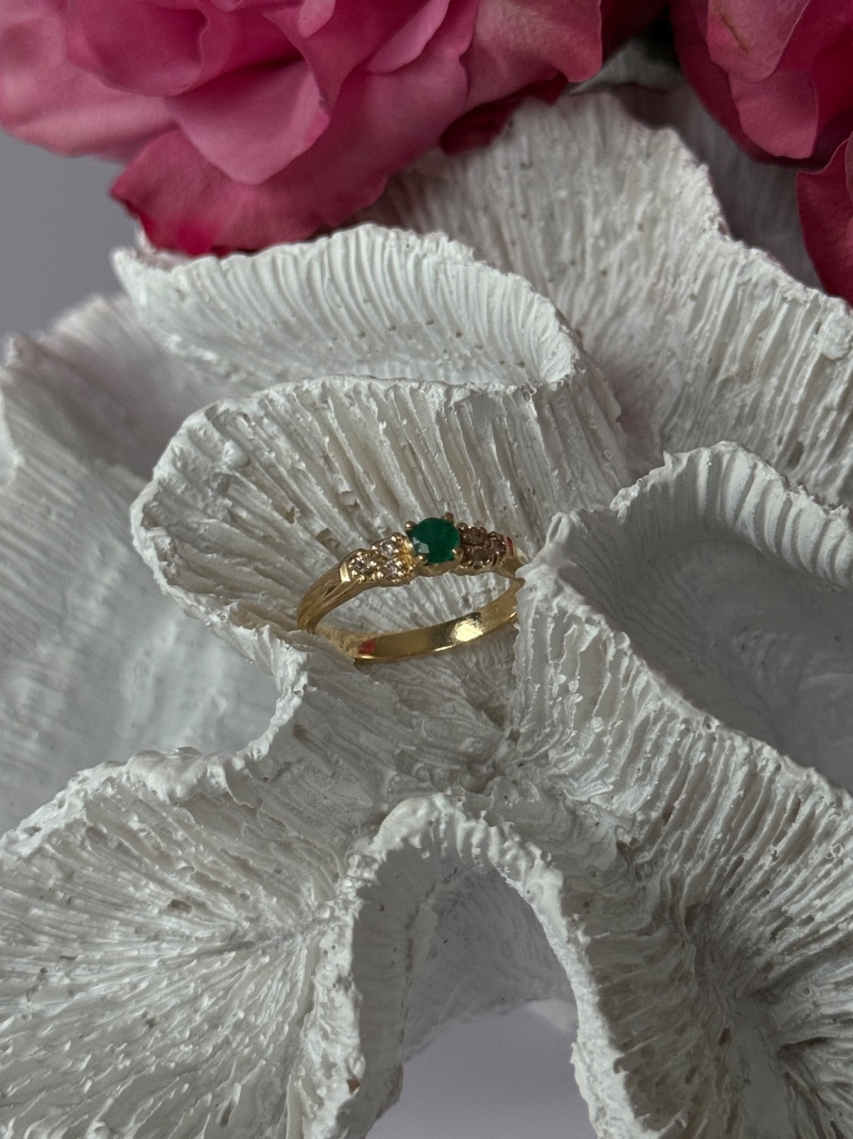14K Yellow Gold Emerald & Diamond Ring Size 7