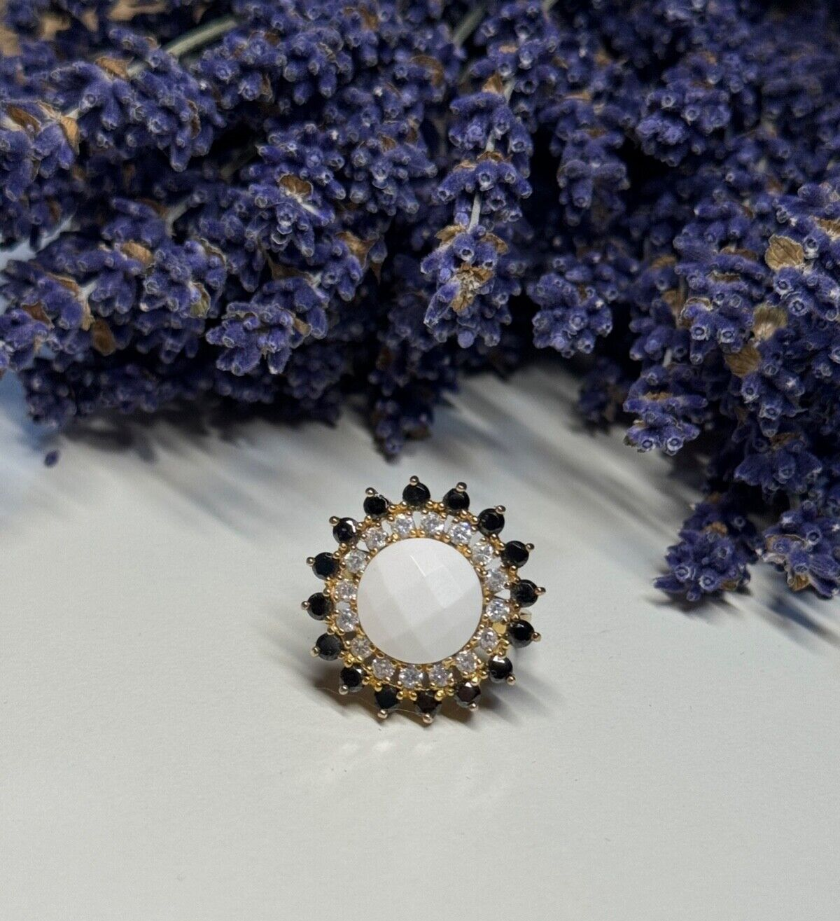 925 Sterling Silver Agate, White & Blue Sapphire Ring Size 7
