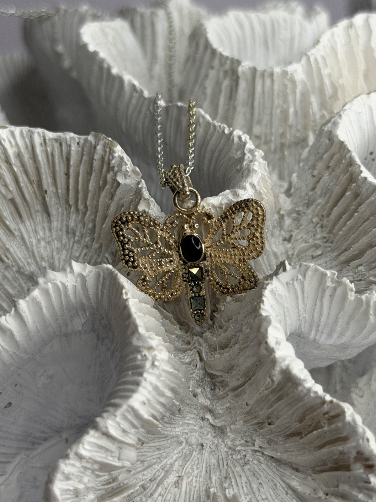 925 Sterling Silver Onyx & Marcasite Butterfly Necklace
