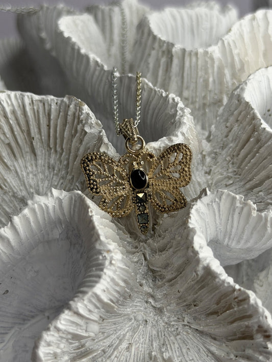 925 Sterling Silver Onyx & Marcasite Butterfly Necklace