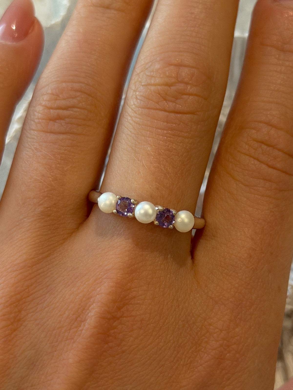 925 Sterling Silver Amethyst & Pearl Ring Size 11