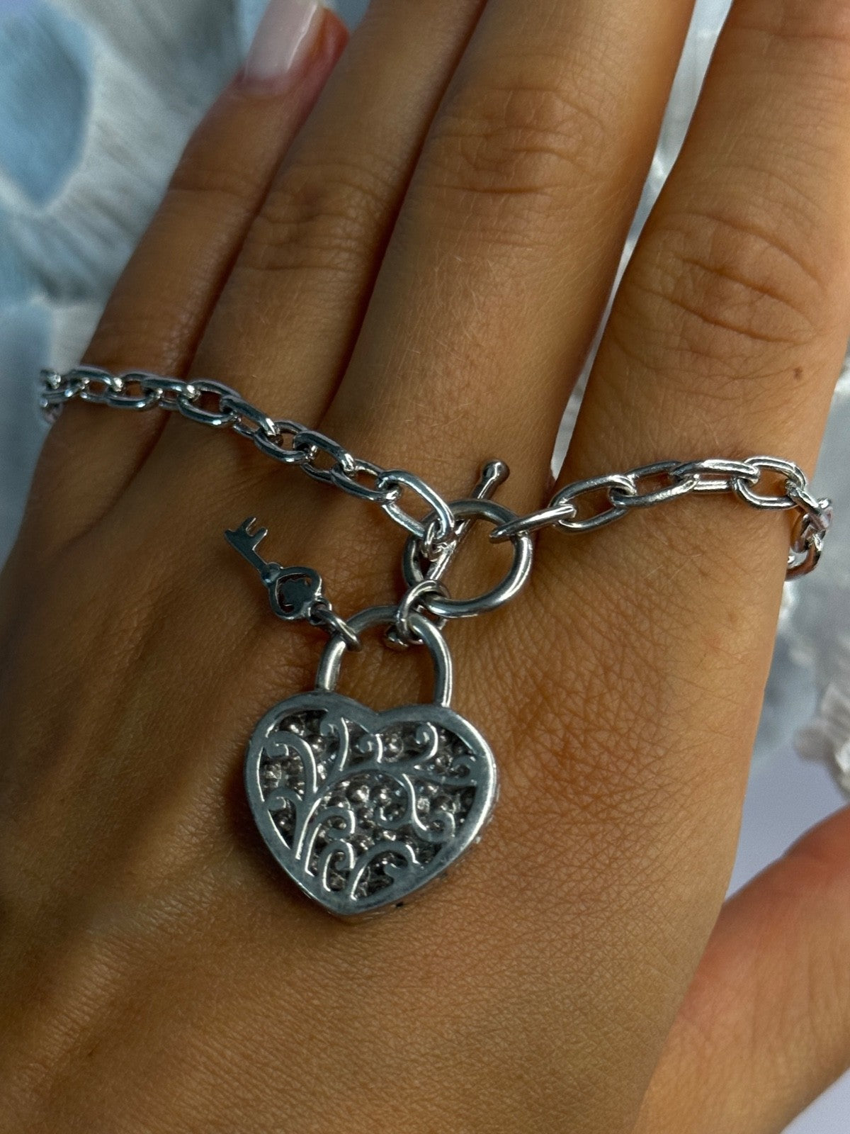 925 Sterling Silver Heart & Key CZ Bracelet Length 7.5