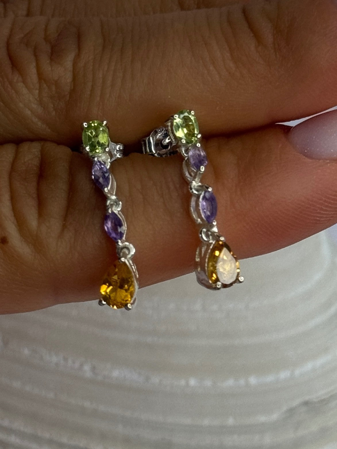 925 Sterling Silver Peridot & Amethyst & Citrine Earrings Length 0.90 Inch