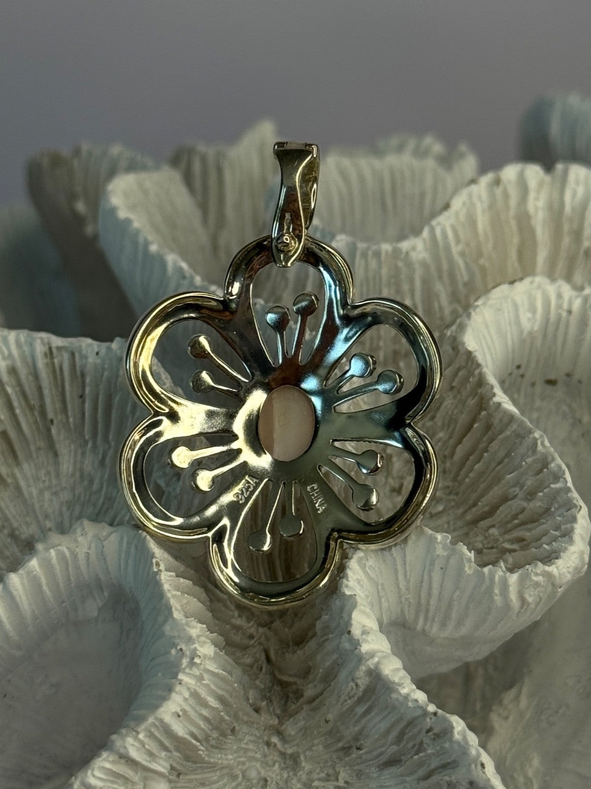 925 Sterling Silver Pink Agate & Marcasite Flower Pendant Length 1.75 Inch