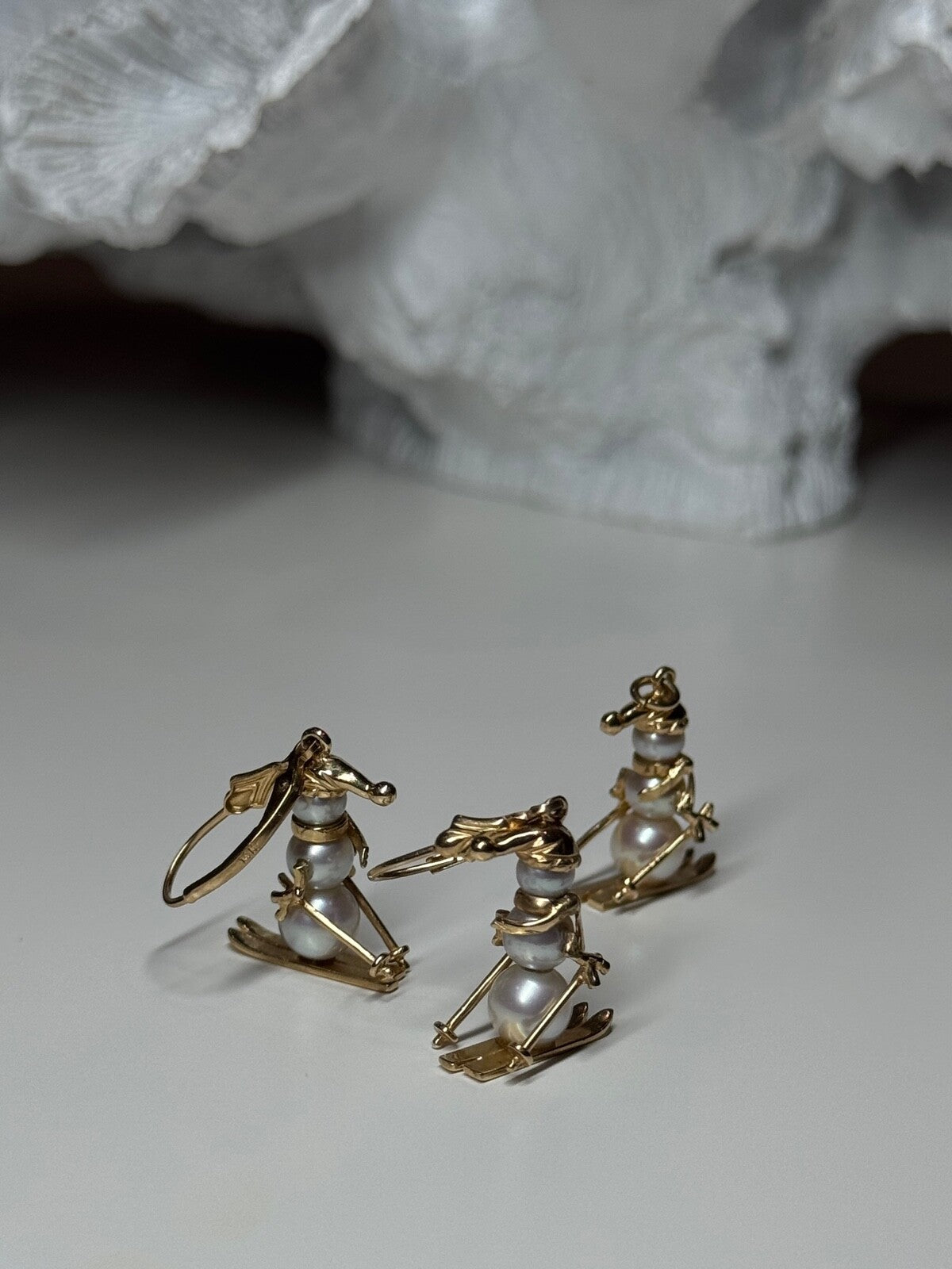 14K Yellow Gold Pearls Earrings & Pendant Skiing Snowmens ON Skis