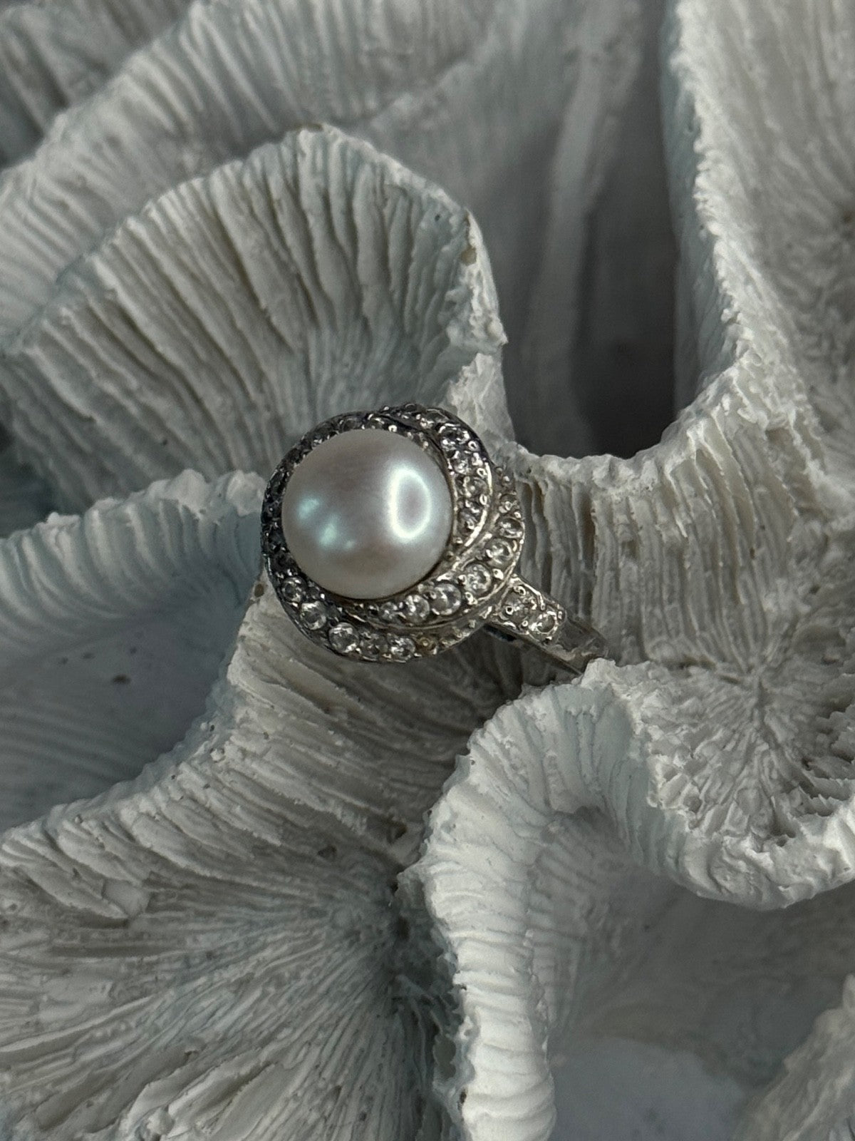 925 Sterling Silver Pearl & Beryl Ring Size 9