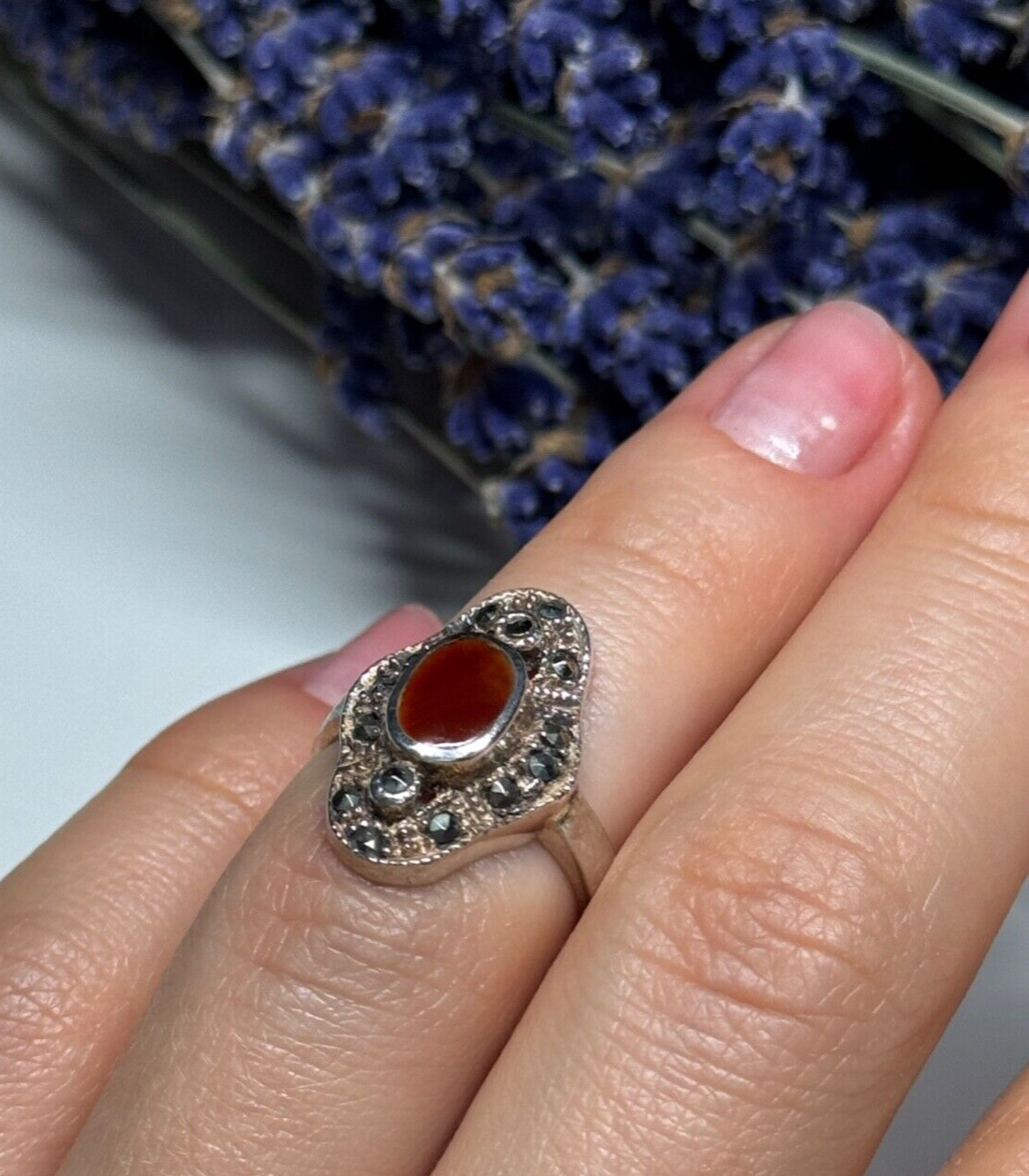 925 Sterling Silver Amber & Marcasite Ring Size 5