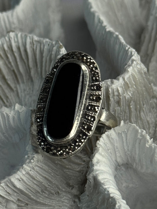 Vintage 925 Sterling Silver Onyx & Marcasite Ring Size 6.5