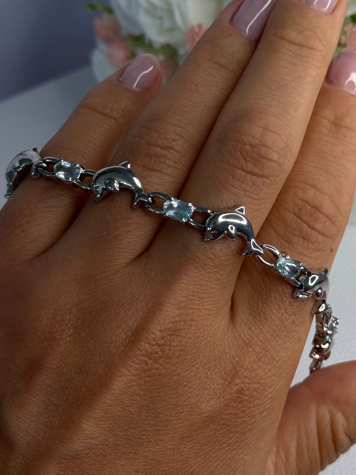 925 Sterling Silver Topaz Dolphin Bracelet Length 7.5