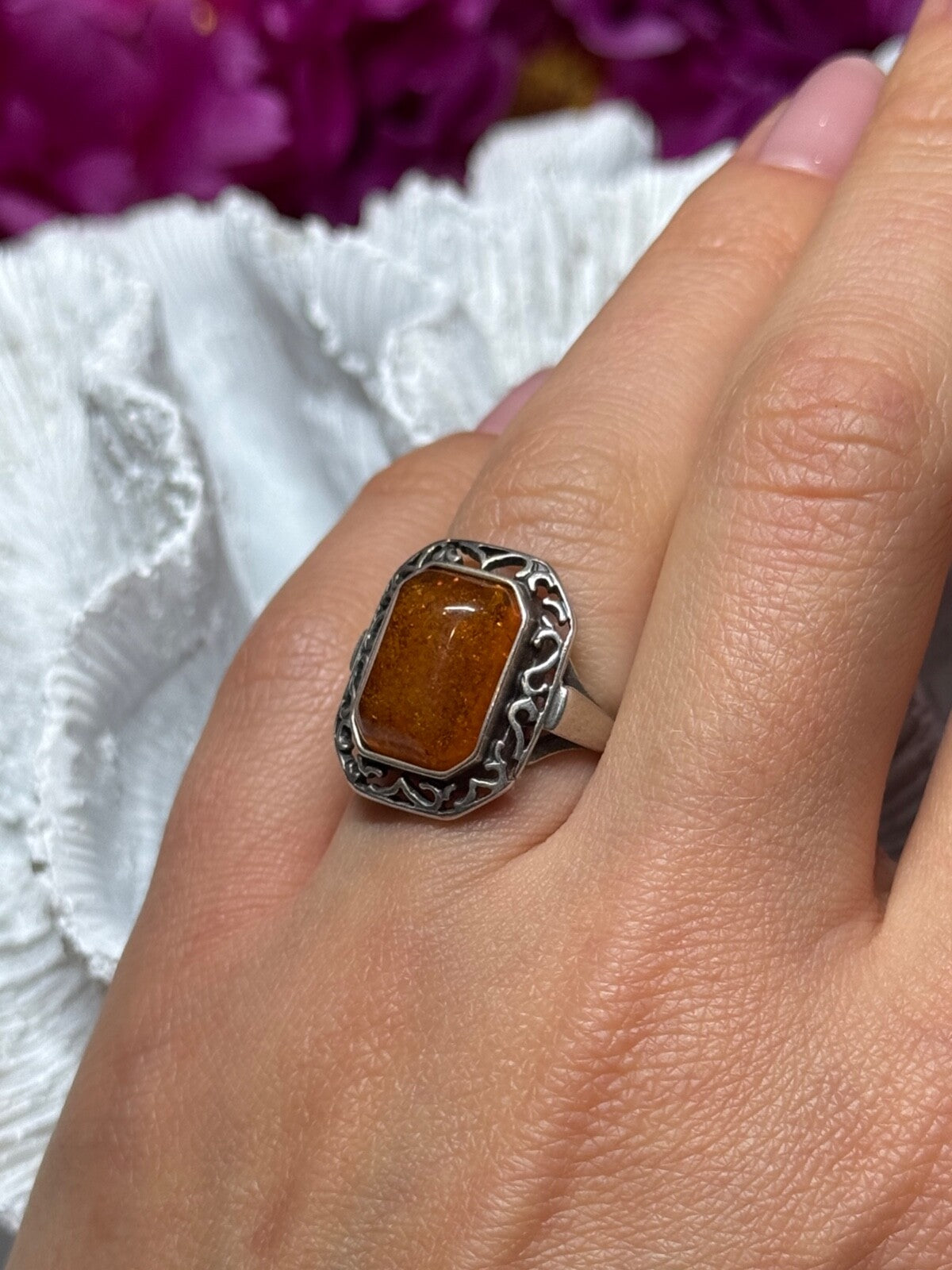 925 Sterling Silver Amber Ring Size 5