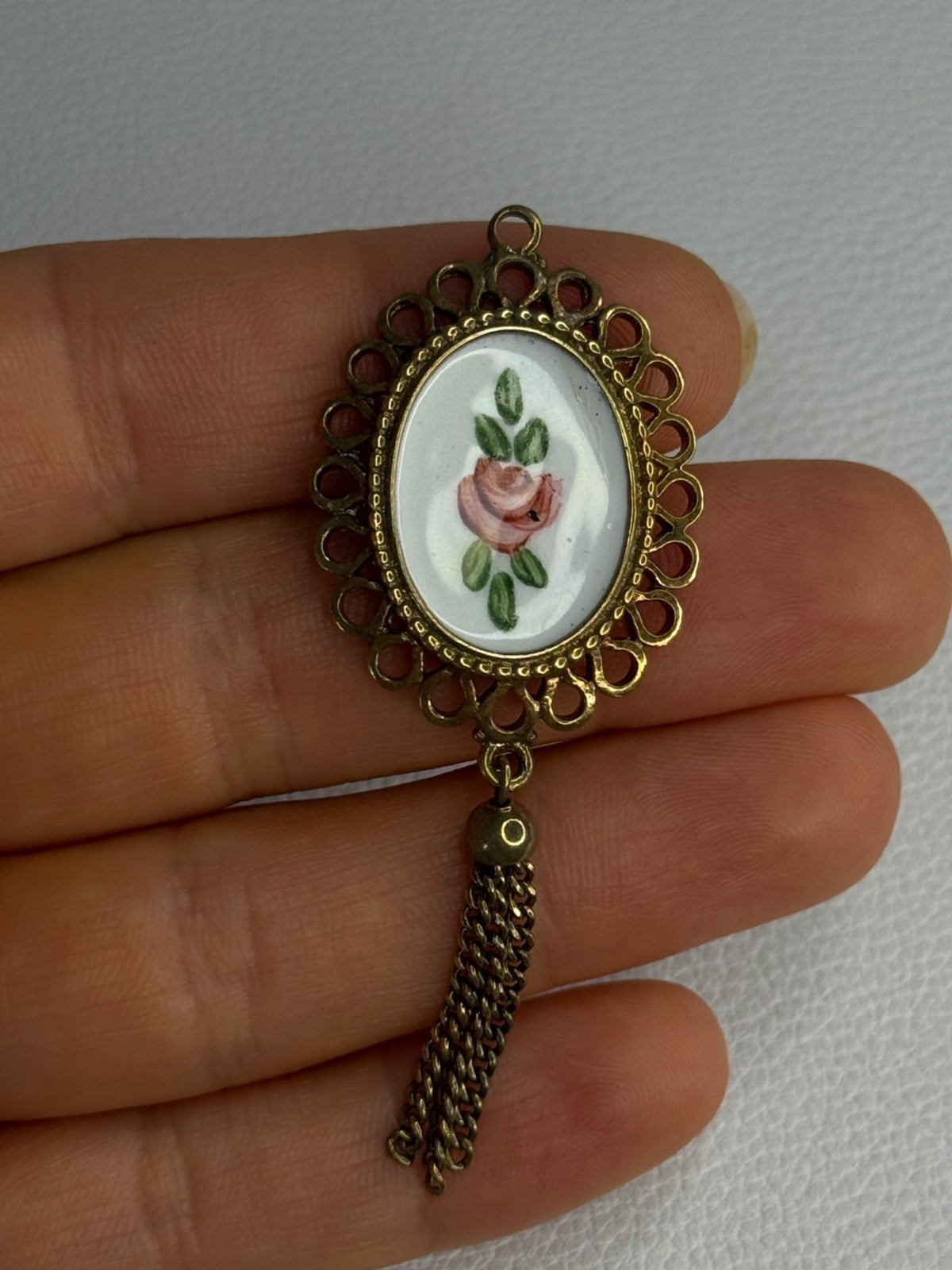 Vintage 925 Sterling Silver Gold Plated Pink Enamel Rose Pendant Length 2.5 Inch