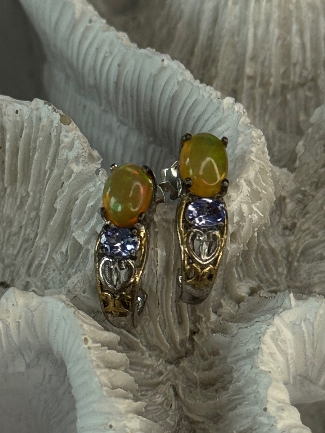 925 Sterling Silver Yellow Opal & Tanzanite Earrings Length 0.70 Inch