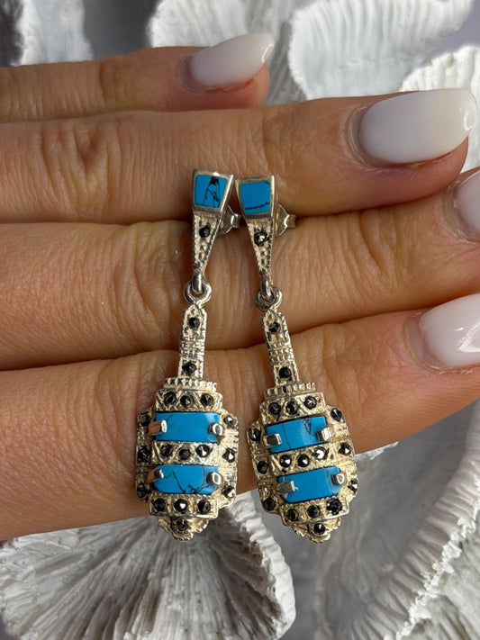 Vintage 925 Sterling Silver Turquoise & Marcasite Earrings