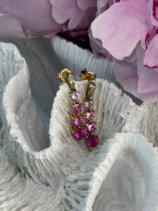 10K Yellow Gold Pink Sapphire & Diamond "Hearts" Earrings