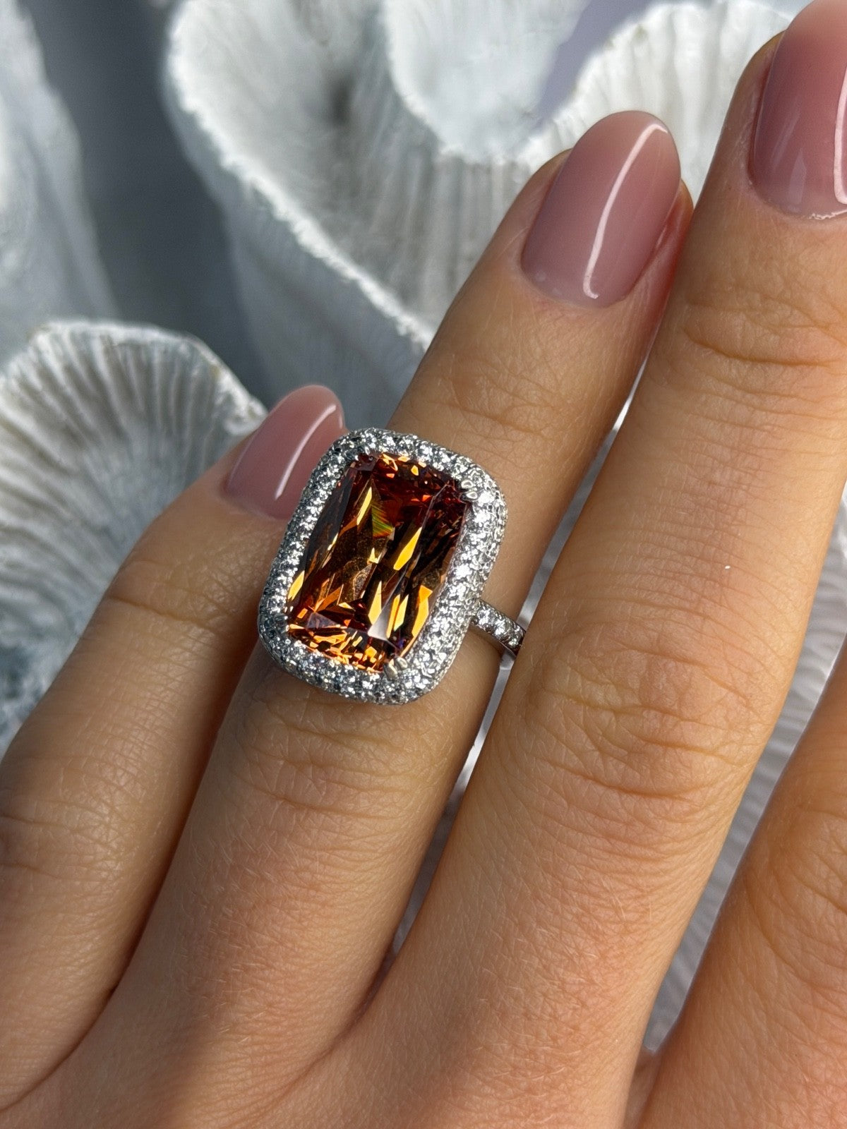 925 Sterling Silver Orange Crystal & Cz Ring Size 5