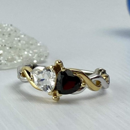 925 Sterling Silver Gold Plated Almandine & Spinel "Hearts" Ring Size 11.75