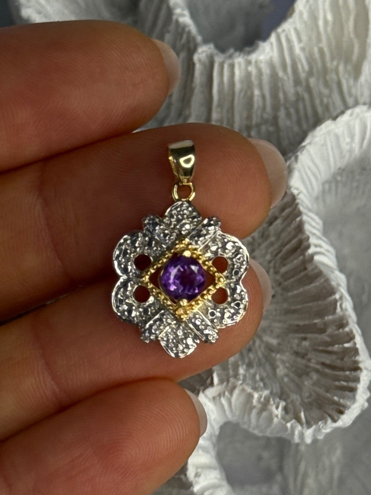 925 Sterling Silver Gold Plated Amethyst Pendant Length 1 Inch