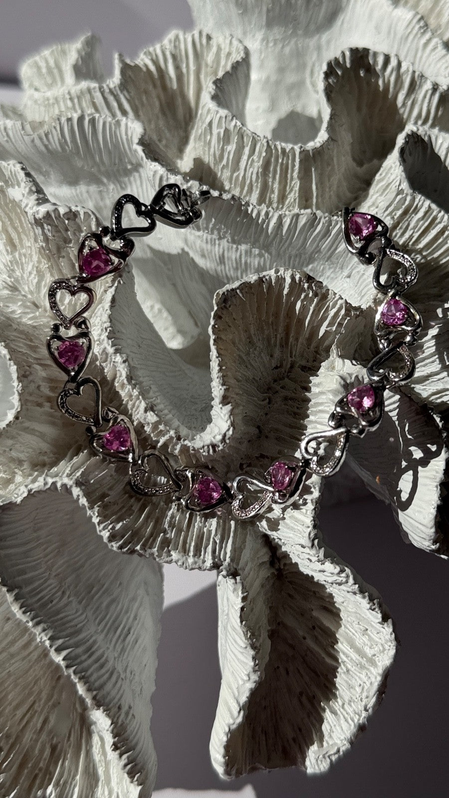 925 Sterling Silver Pink Sapphire Heart Bracelet Length 7.5