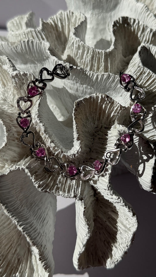 925 Sterling Silver Pink Sapphire Heart Bracelet Length 7.5