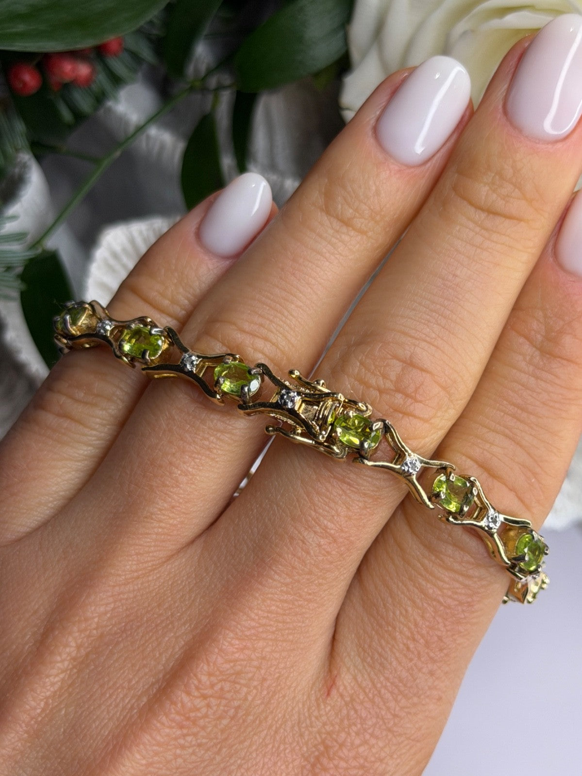 925 Sterling Silver Gold Plated Peridot & Beryl Bracelet Size 7.5