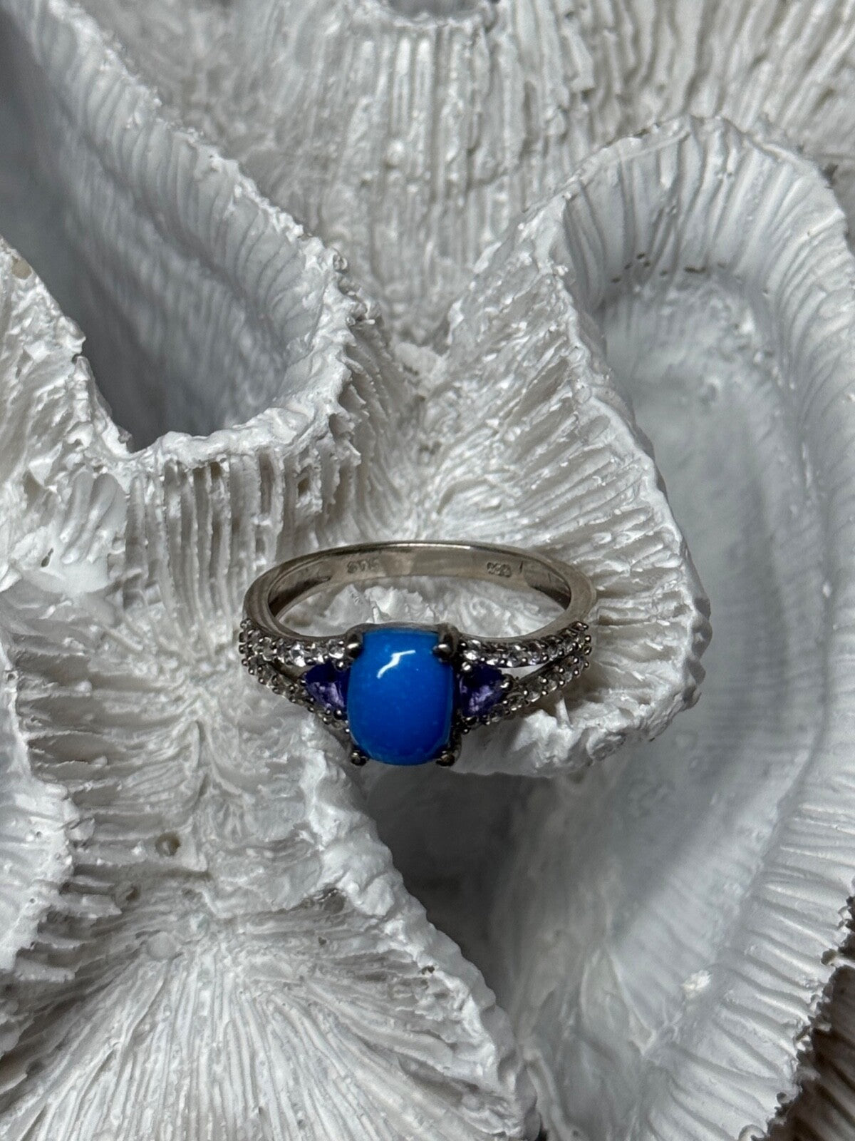 925 Sterling Silver Blue Agate, Tanzanite & Beryl Ring Size 7.5