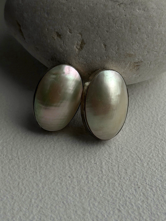 Vintage Clip-On 925 Sterling White Mother of Pearl Abalone Silver Earrings