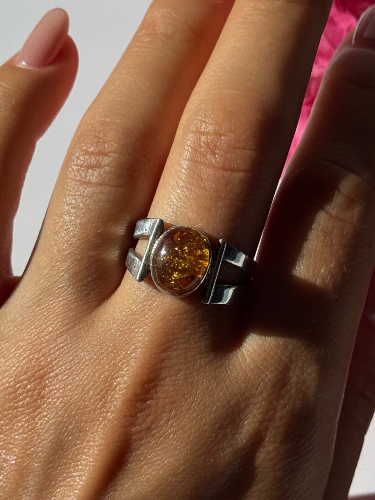 925 Sterling Silver Amber Ring Size 9.5