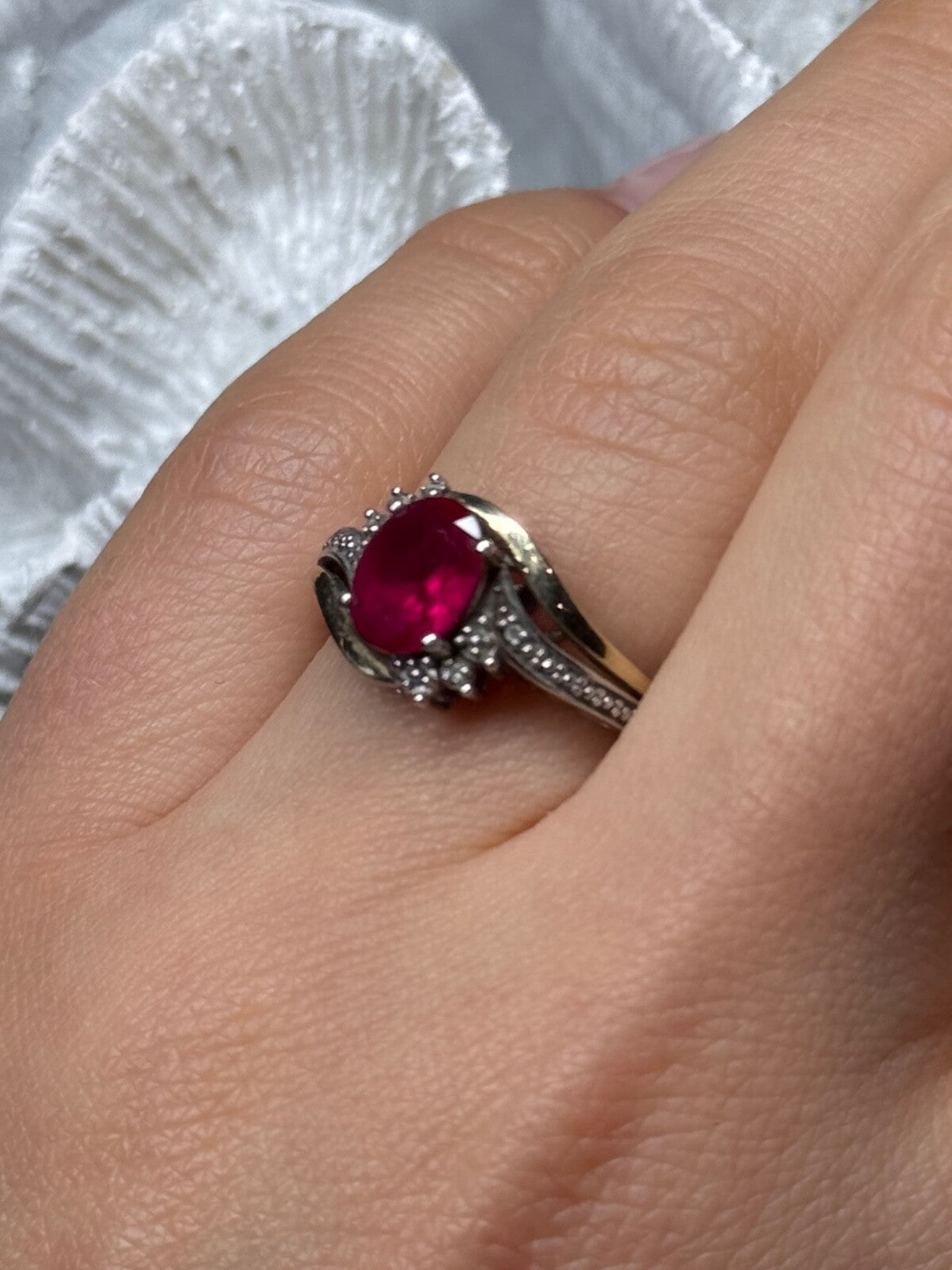 925 Sterling Silver & 10k Yellow Gold Ruby Ring Size 6