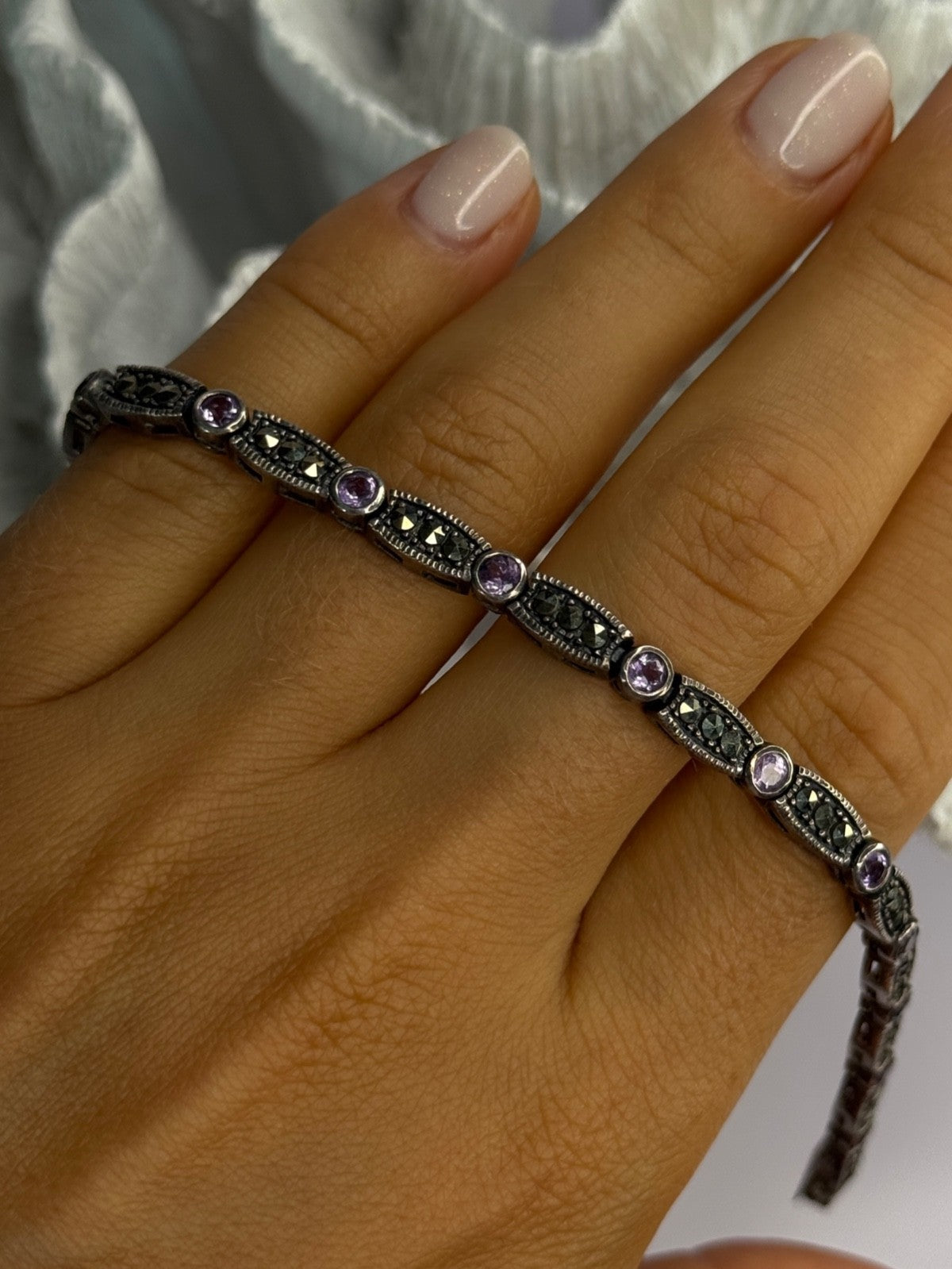 925 Sterling Silver Amethyst & Marcasite Bracelet Length 7.5