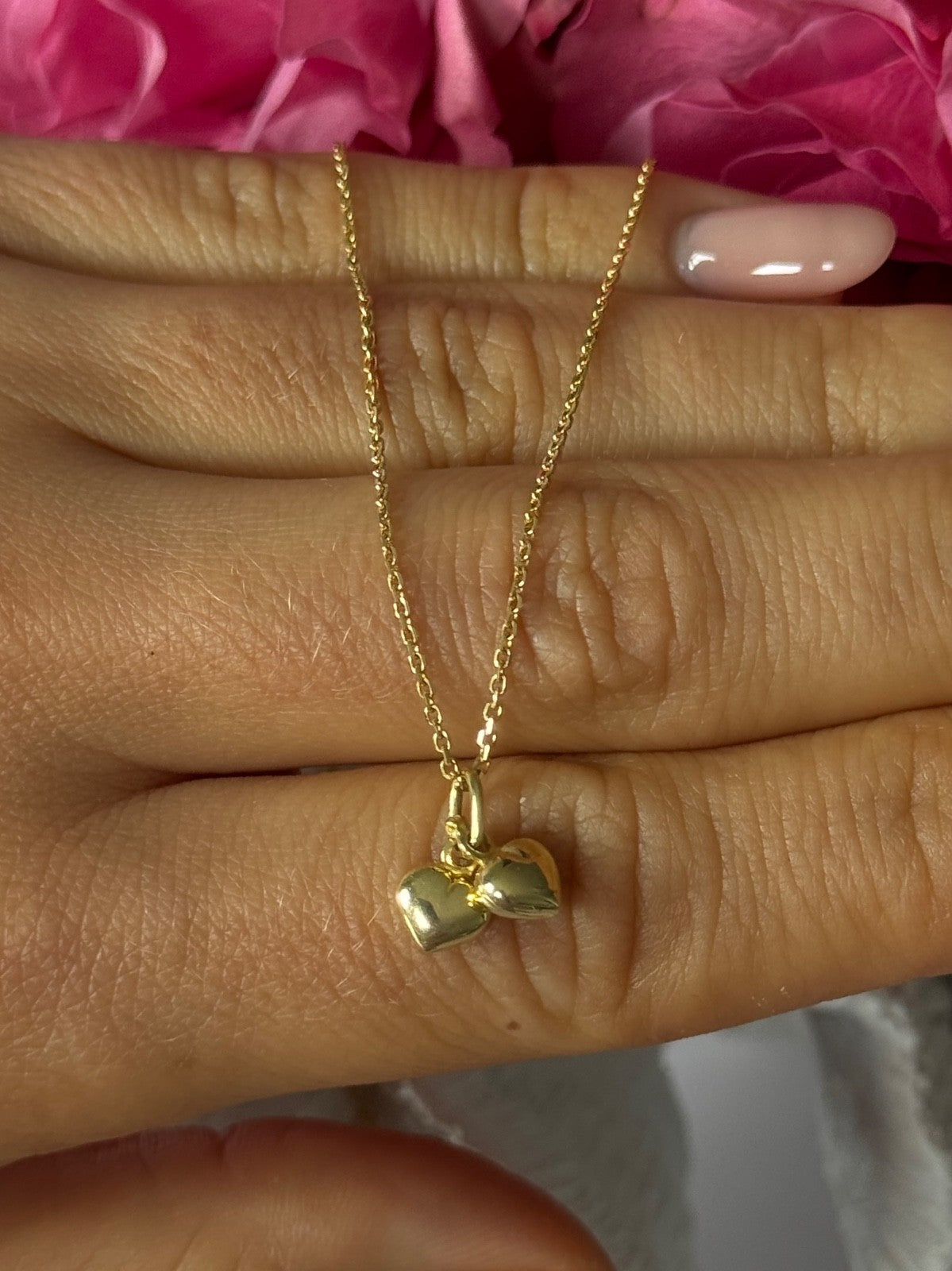 14K Yellow Gold 2 Hearts Necklace Length 18 inch