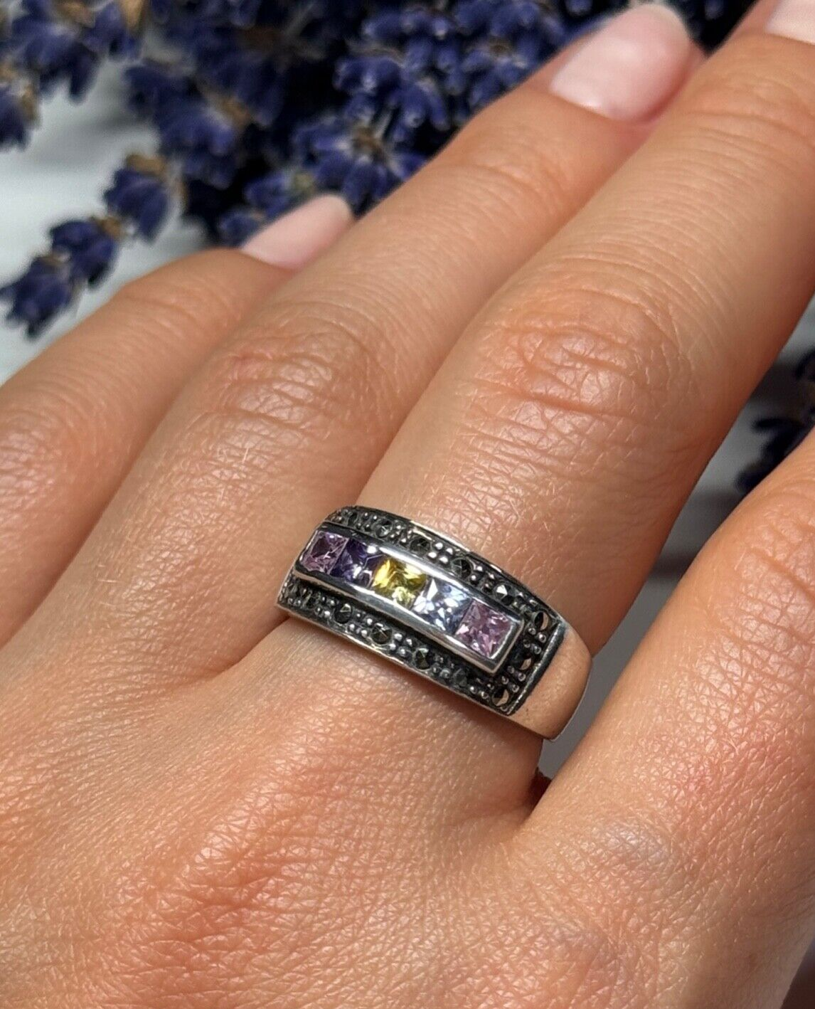 Vintage 925 Sterling Silver Tourmalines & Marcasite Ring Size 8