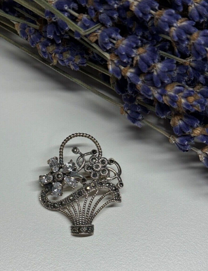 925 Sterling Silver CZ & Marcasites Flowers Brooch